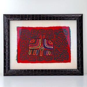 Vintage 1970s Panama Kuna Mola Indian Textile Tapestry Folk Art Two Birds Framed